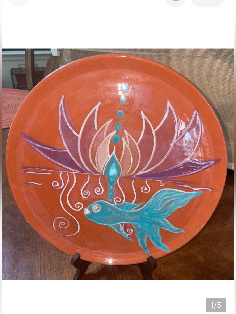 Vintage Lotus flower+fish handmade-painted terracotta signed studio 11” plate.